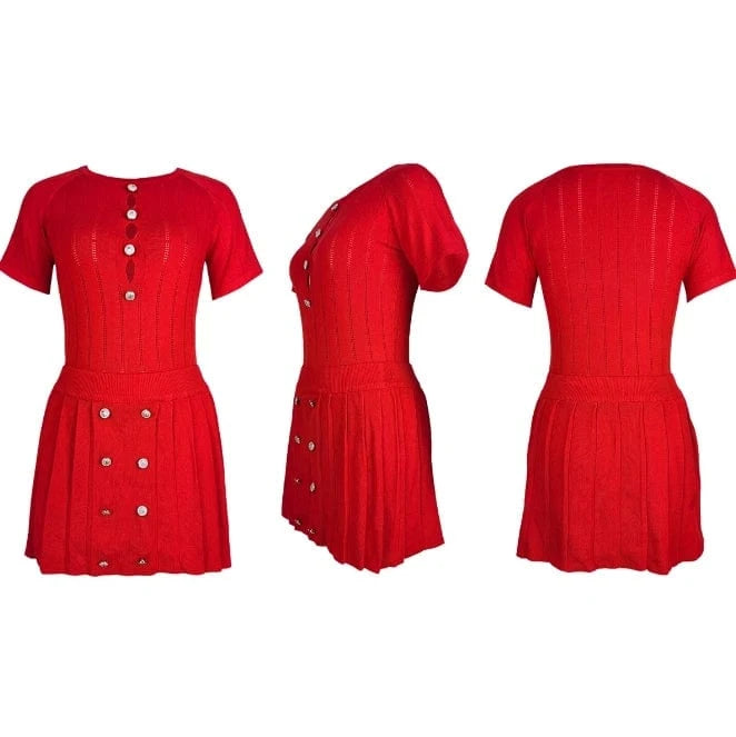 GX5394 Women Knitted Pleated Mini Skirts Suit Fashion 2024 Street Wear Clothes O-neck Short Sleeve T-shirt and Skirt 2 Piece Set