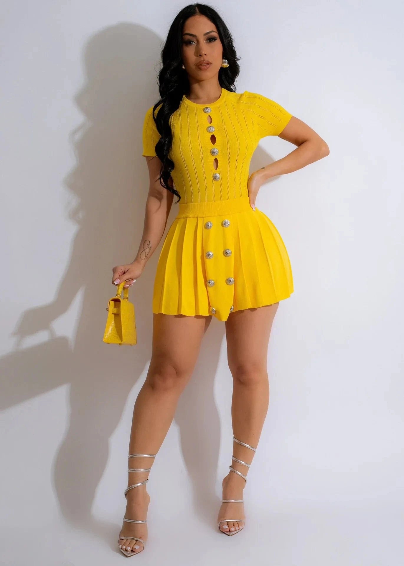 GX5394 Women Knitted Pleated Mini Skirts Suit Fashion 2024 Street Wear Clothes O-neck Short Sleeve T-shirt and Skirt 2 Piece Set