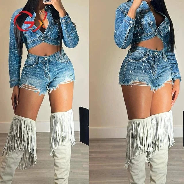 GX7510A Fashion 2024 Denim Women Casual Denim Street Wear Long Sleeve Cropped Jacket and Rhinestone Shorts 2 Piece Set