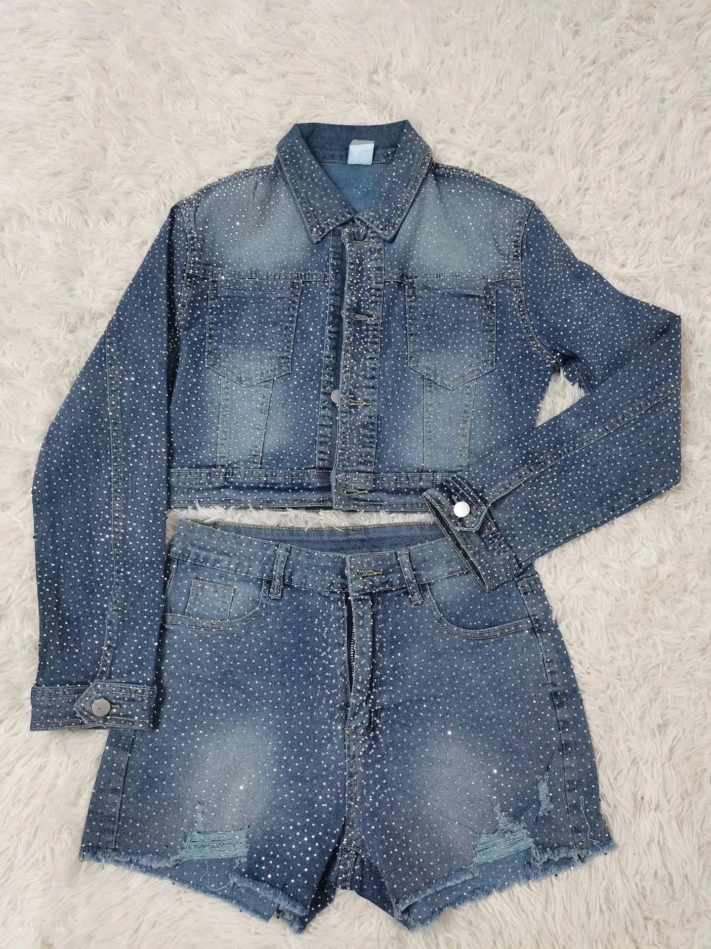 GX7510A Fashion 2024 Denim Women Casual Denim Street Wear Long Sleeve Cropped Jacket and Rhinestone Shorts 2 Piece Set