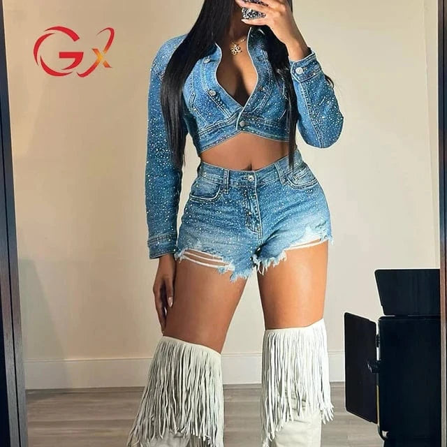 GX7510A Fashion 2024 Denim Women Casual Denim Street Wear Long Sleeve Cropped Jacket and Rhinestone Shorts 2 Piece Set