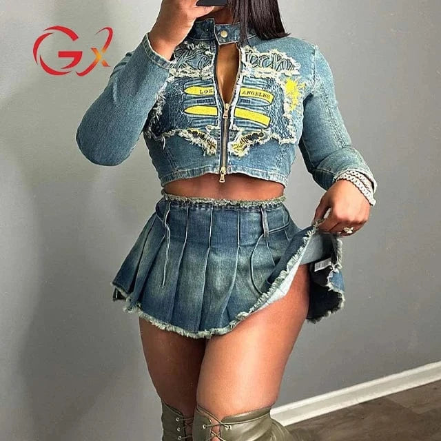 GX8008 Fashion 2024 Clothing Women Boutique Casual Women Denim Outfit Long Sleeve Embroidery Jacket and Mini Skirt 2 Piece Set