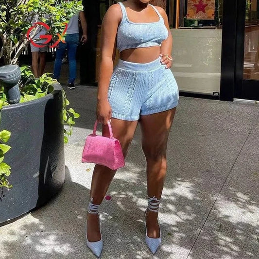 GX8161 Fashion 2024 Women Clothing Boutique Knitted Summer Outfit Trending Sleeveless Tank Top and Shorts 2 Pieces Set