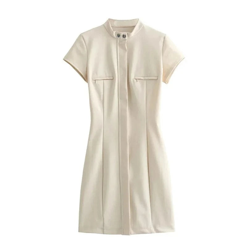 GX8253 Fashion 2024 Short Sleeve Mini Dress Women Summer Clothing Boutique Unique Zipper Slim Fit Stand Neck Elegant Dresses