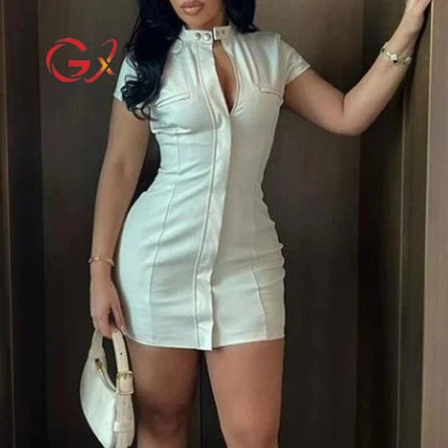GX8253 Fashion 2024 Short Sleeve Mini Dress Women Summer Clothing Boutique Unique Zipper Slim Fit Stand Neck Elegant Dresses