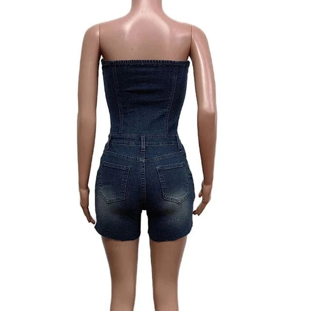 GX8565 Fashion 2024 Summer Sleeveless Jeans One Piece Backless Casual Cross Style Tube Denim Romper and Jumpsuit Women
