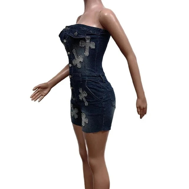 GX8565 Fashion 2024 Summer Sleeveless Jeans One Piece Backless Casual Cross Style Tube Denim Romper and Jumpsuit Women
