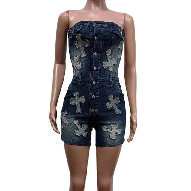 GX8565 Fashion 2024 Summer Sleeveless Jeans One Piece Backless Casual Cross Style Tube Denim Romper and Jumpsuit Women