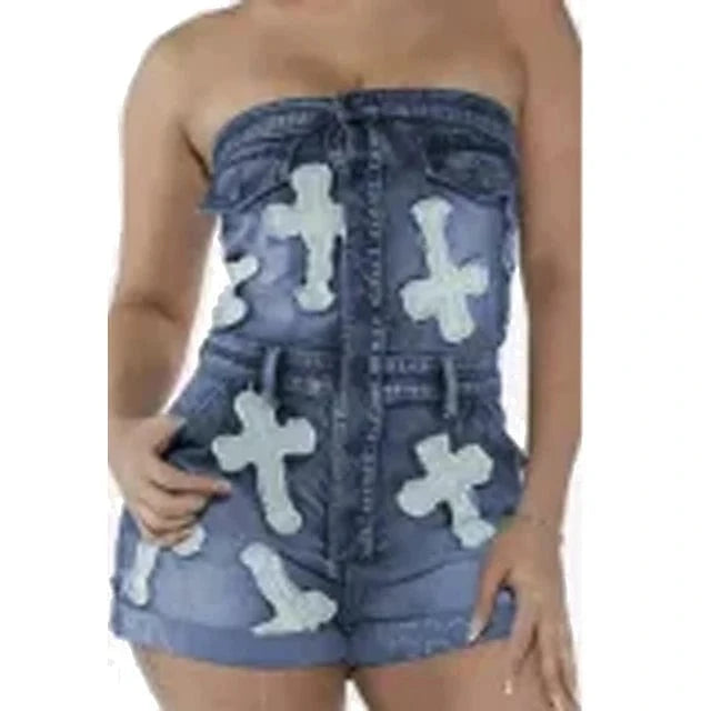 GX8565 Fashion 2024 Summer Sleeveless Jeans One Piece Backless Casual Cross Style Tube Denim Romper and Jumpsuit Women