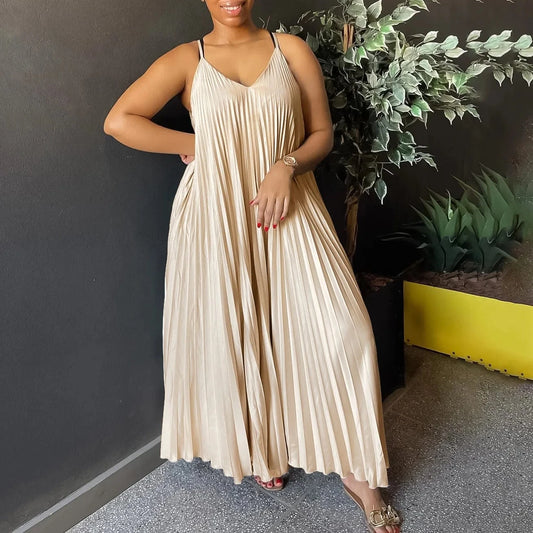 GX8571 Boutique 2024 Fashion Clothing Women Maxi Dress Sleeveless V-neck Spaghetti Strap Elegant Long Loose Pleated Dresses
