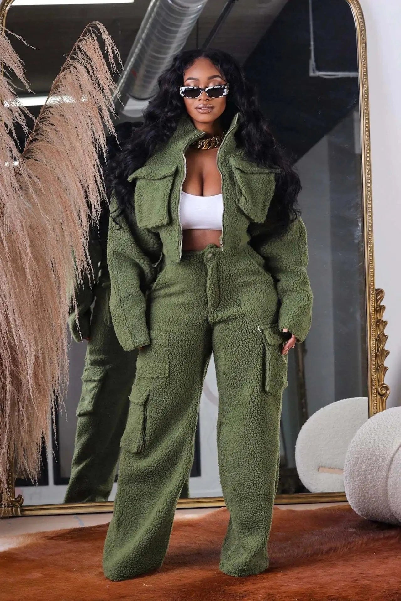GX8701 Fashion Winter Warm Woolen Fleece Pocket Long Sleeve Jacket and Pant 2 Piece Set Women