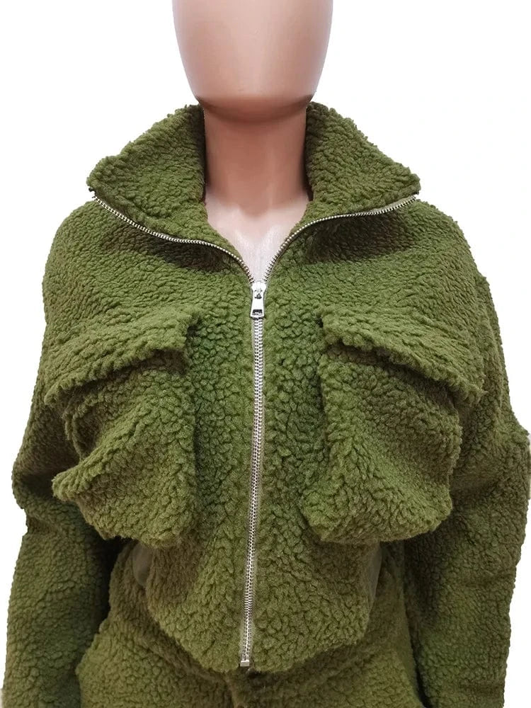 GX8701 Fashion Winter Warm Woolen Fleece Pocket Long Sleeve Jacket and Pant 2 Piece Set Women