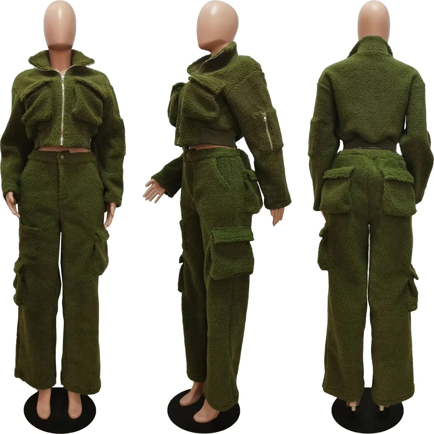 GX8701 Fashion Winter Warm Woolen Fleece Pocket Long Sleeve Jacket and Pant 2 Piece Set Women