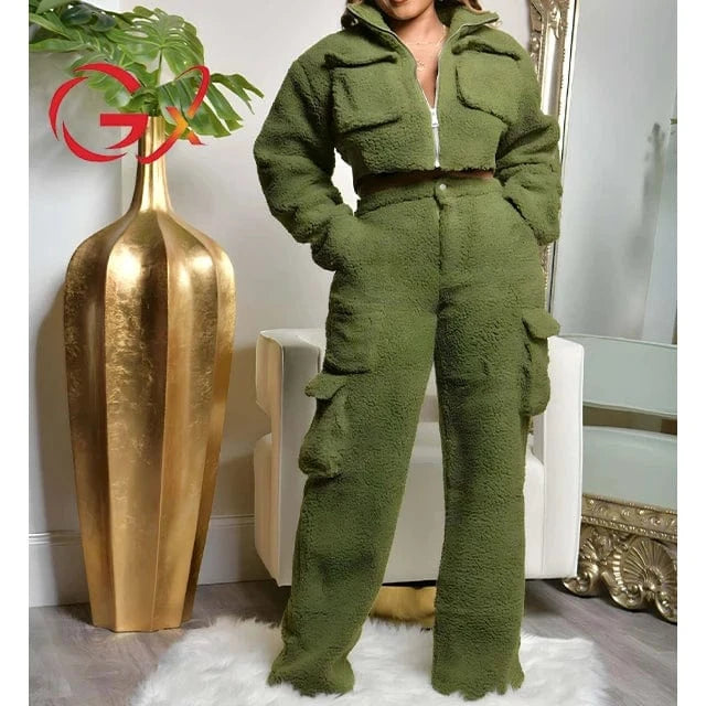 GX8701 Fashion Winter Warm Woolen Fleece Pocket Long Sleeve Jacket and Pant 2 Piece Set Women