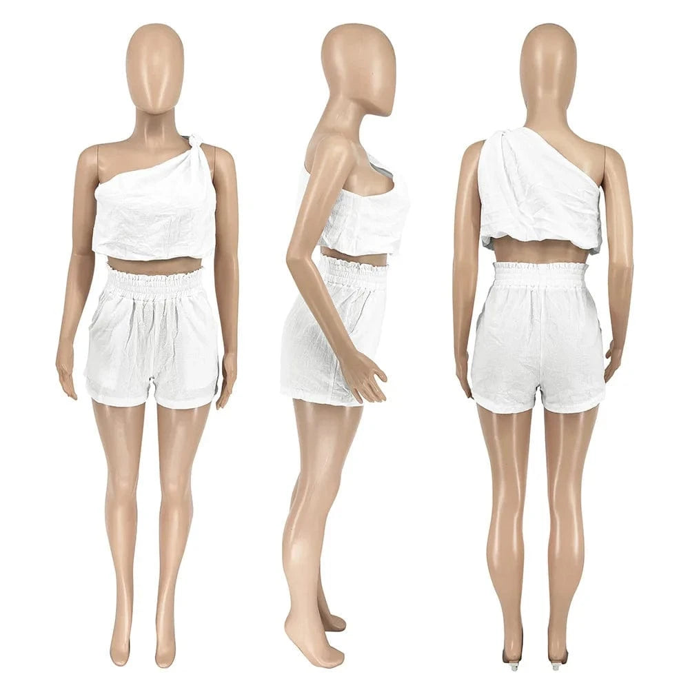 GX88229 Fashion 2024 summer clothing boutique elegant street wear oblique shoulder cropped top and shorts 2 piece set women