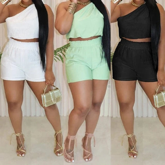 GX88229 Fashion 2024 summer clothing boutique elegant street wear oblique shoulder cropped top and shorts 2 piece set women