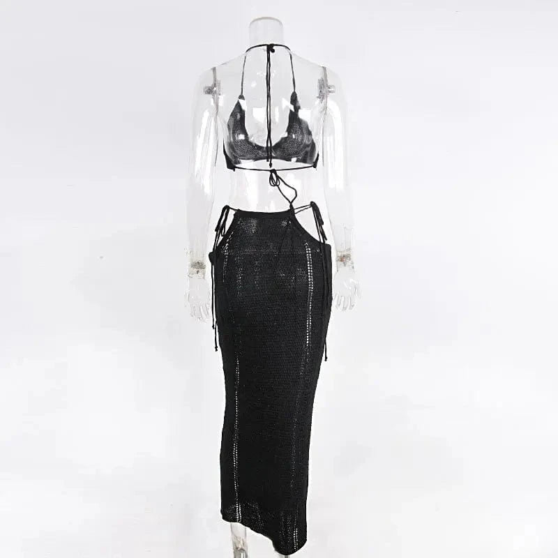 GX9935 New 2024 Summer Unique Women Clothing Boutique Sexy Beach Wear Knitted Outfit Halter Bra Top and Maxi Skirt 2 Piece Set