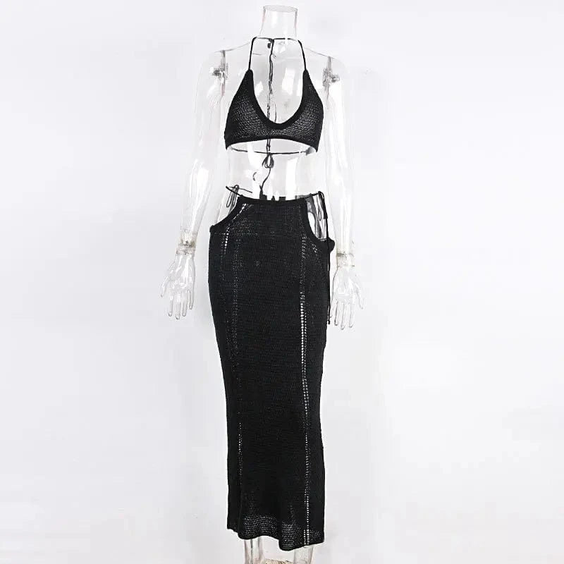 GX9935 New 2024 Summer Unique Women Clothing Boutique Sexy Beach Wear Knitted Outfit Halter Bra Top and Maxi Skirt 2 Piece Set