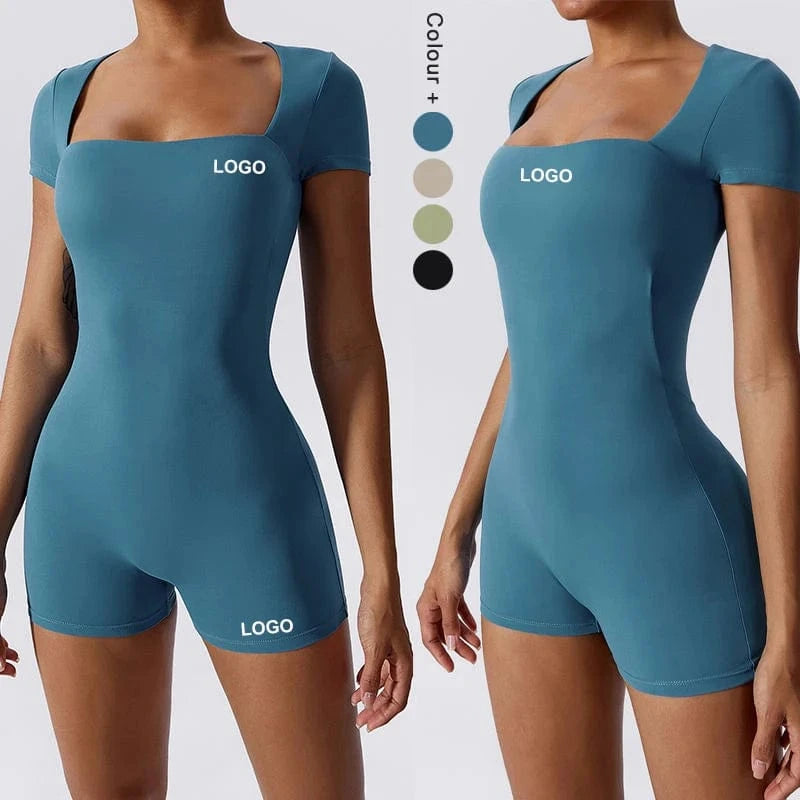 Gym Fitness Sexy One Piece Square Neck Built In Bra Short Sleeve Shorts Yoga Dance Jumpsuit Women Workout Training Sports Wear