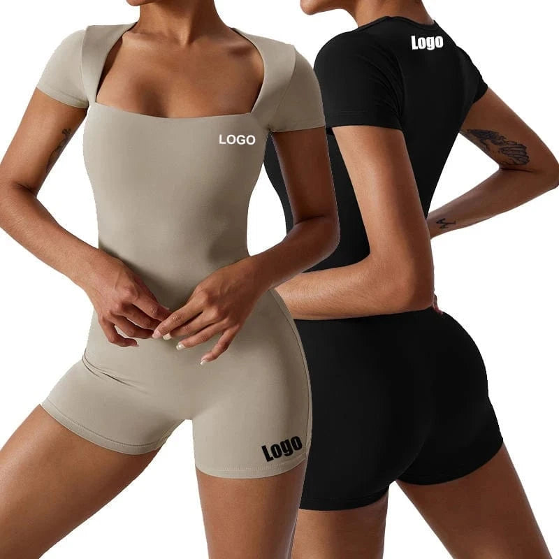 Gym Fitness Sexy One Piece Square Neck Built In Bra Short Sleeve Shorts Yoga Dance Jumpsuit Women Workout Training Sports Wear