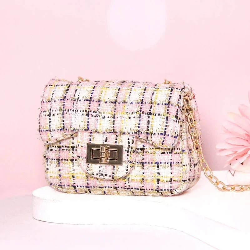 H10xL12xW5cm / Pink gold grid Luxury Famous Brands Designer Inspired Mini Small Classic Flap Tweed Chain Shoulder Crossbody Bags Women Handbags Kids Purses