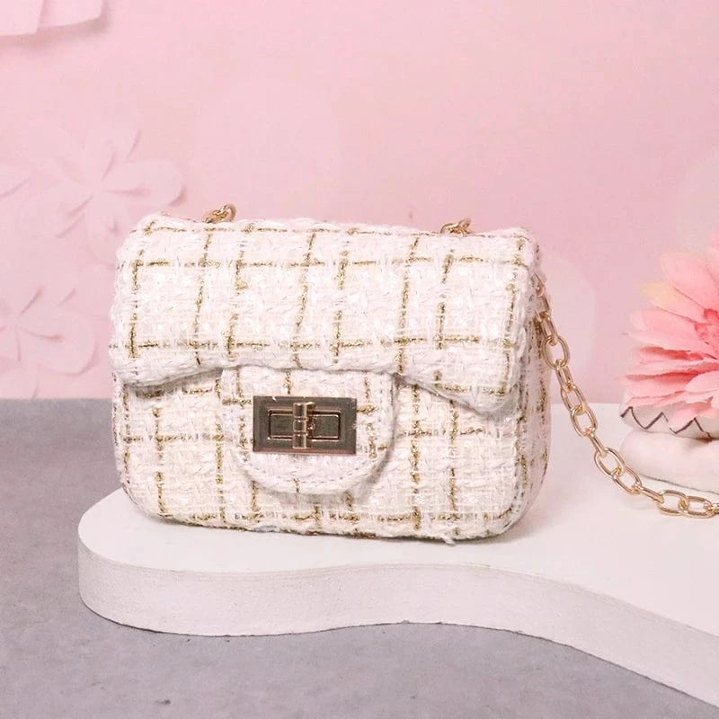 H10xL12xW5cm / White gold Luxury Famous Brands Designer Inspired Mini Small Classic Flap Tweed Chain Shoulder Crossbody Bags Women Handbags Kids Purses
