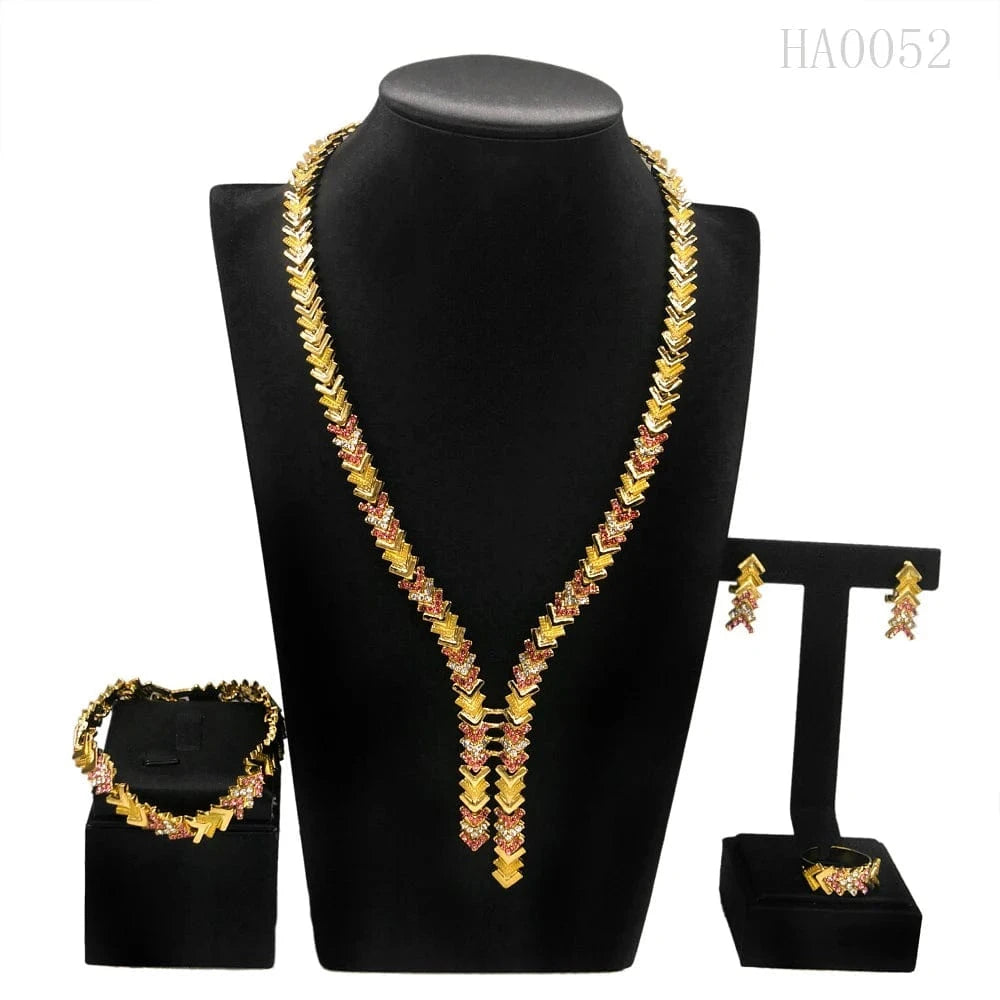 HA0052 African Fine Ladies Jewellery Sets Dubai Gold Jewelry For Women High Quality Brazilian Gold 2 Tones Crystal Necklace Set Earring