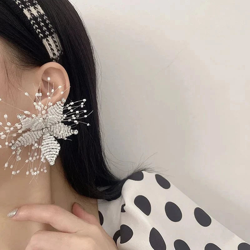 Hand-made Beaded Flower Exaggerated Earrings Party Wedding Bride Fashion Earrings for Women