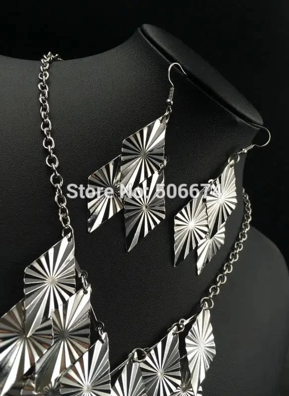 Handmade rhombus round waves Metal Layer silver black plated Jewelry Bijoux africa necklace set charm style for Women
