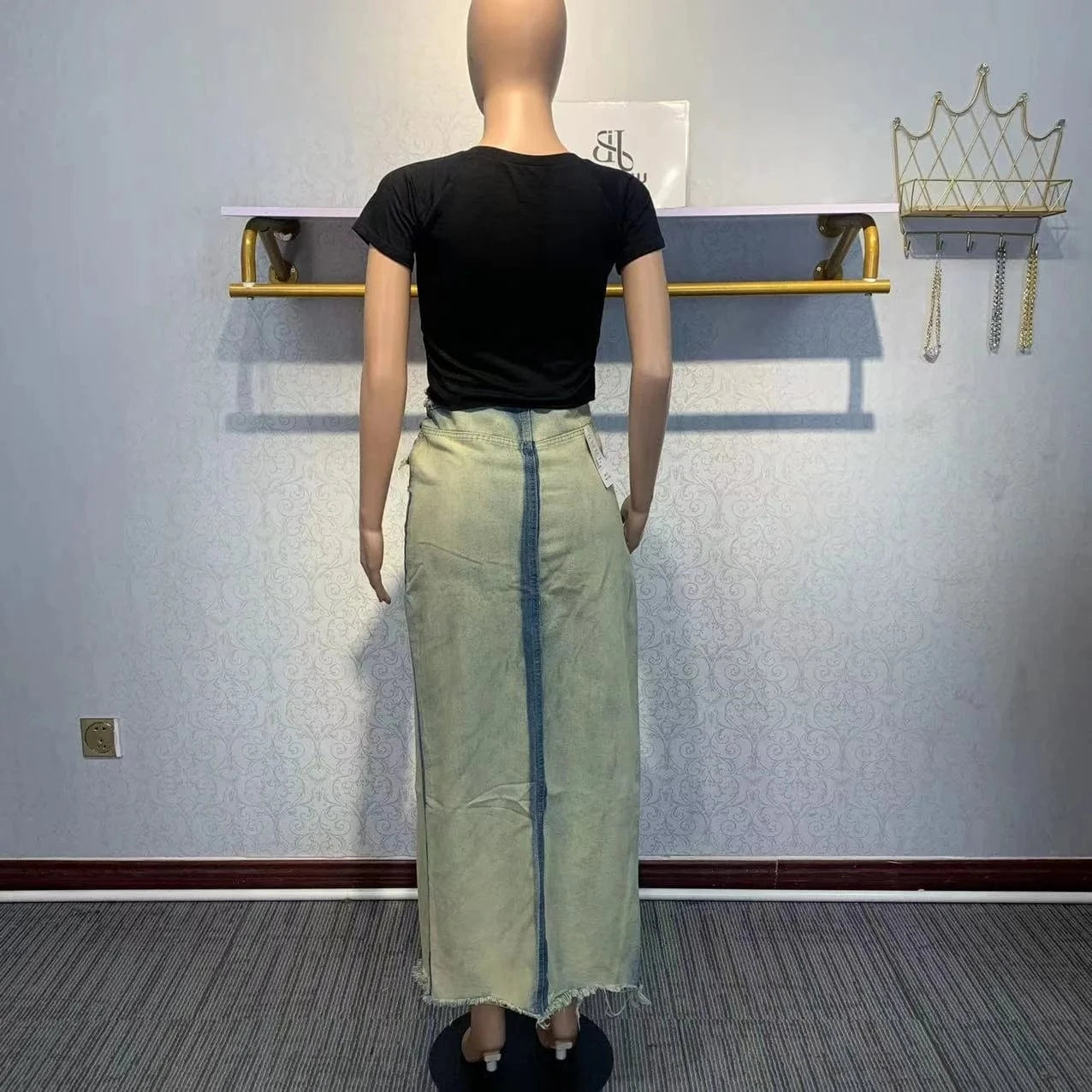 Harajuku Patchwork Denim Long Skirt For Women 2024 New Split Button Raw Hem Jean Skirt