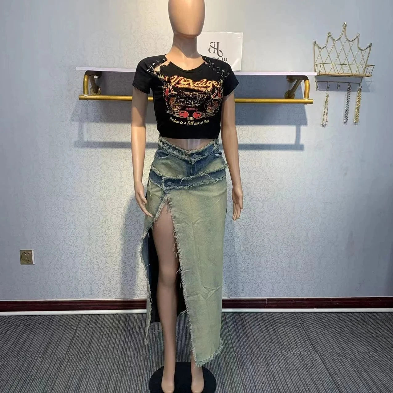 Harajuku Patchwork Denim Long Skirt For Women 2024 New Split Button Raw Hem Jean Skirt