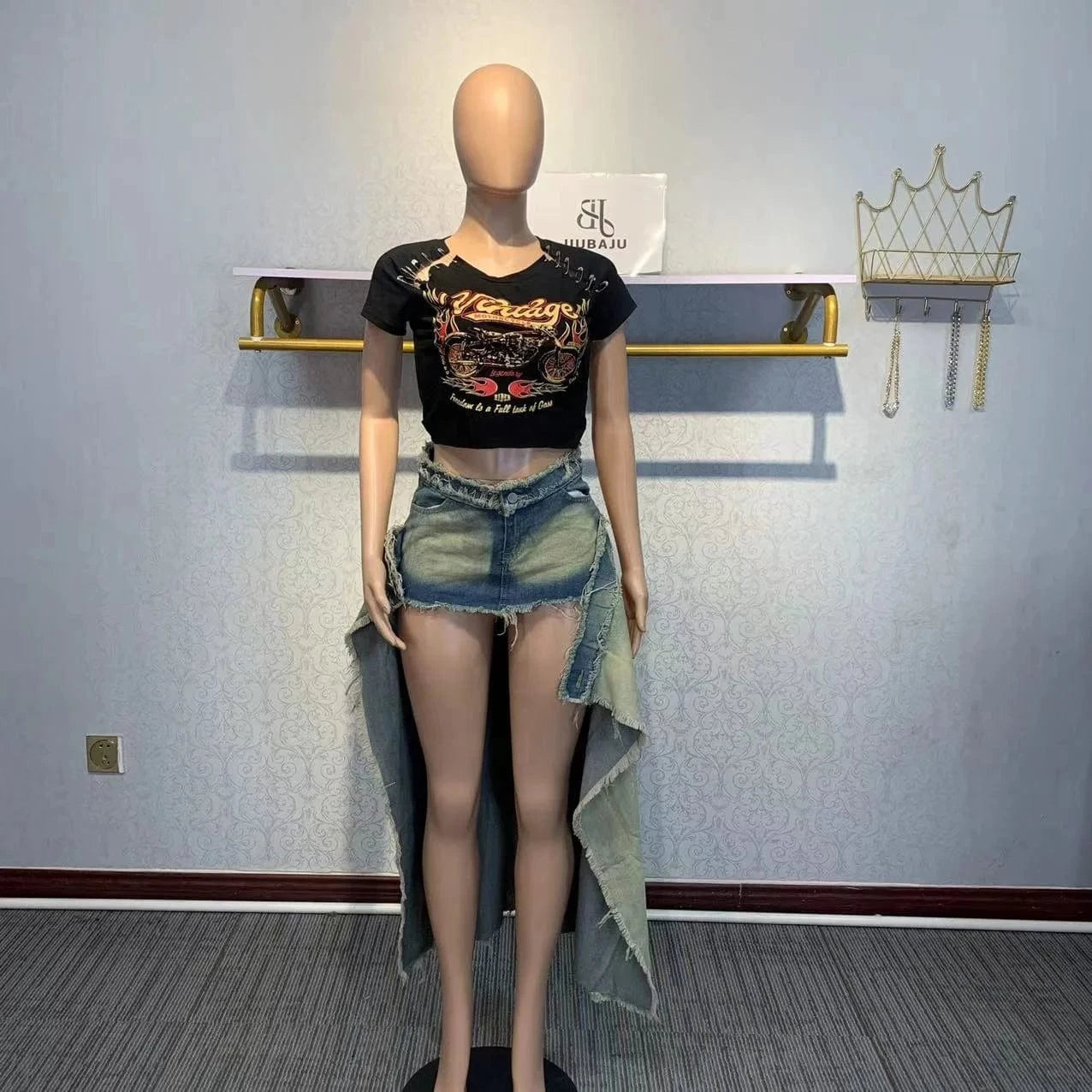 Harajuku Patchwork Denim Long Skirt For Women 2024 New Split Button Raw Hem Jean Skirt