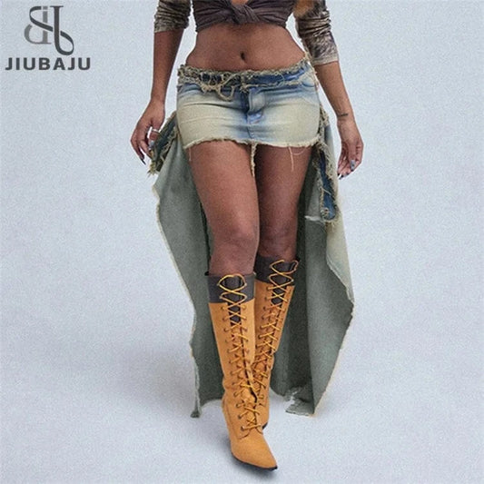 Harajuku Patchwork Denim Long Skirt For Women 2024 New Split Button Raw Hem Jean Skirt