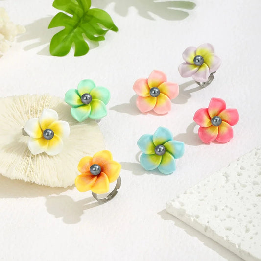 hawaii jewelry stainless steel base  plumeria flower shell  Pearl Rings women flexible ring