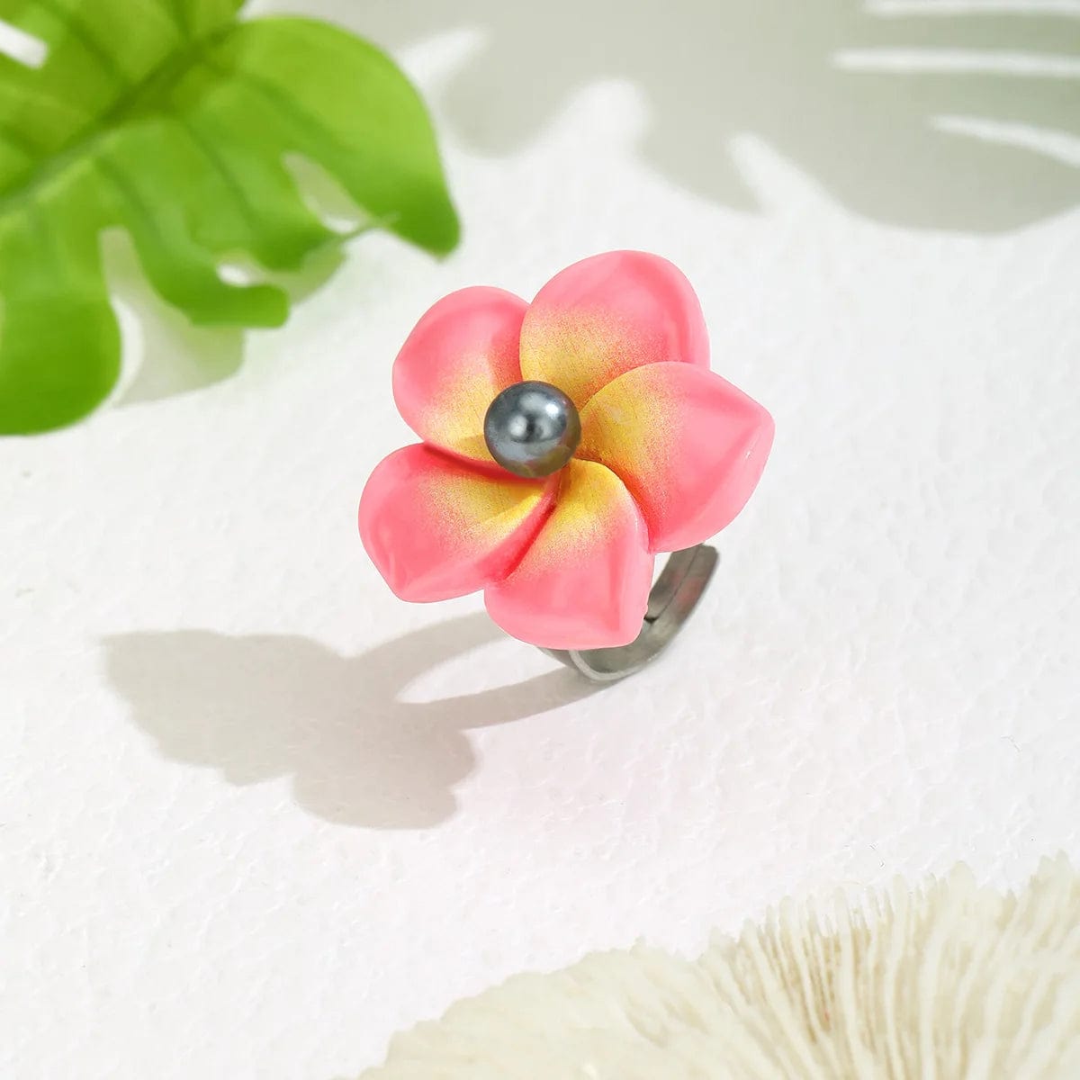 hawaii jewelry stainless steel base  plumeria flower shell  Pearl Rings women flexible ring