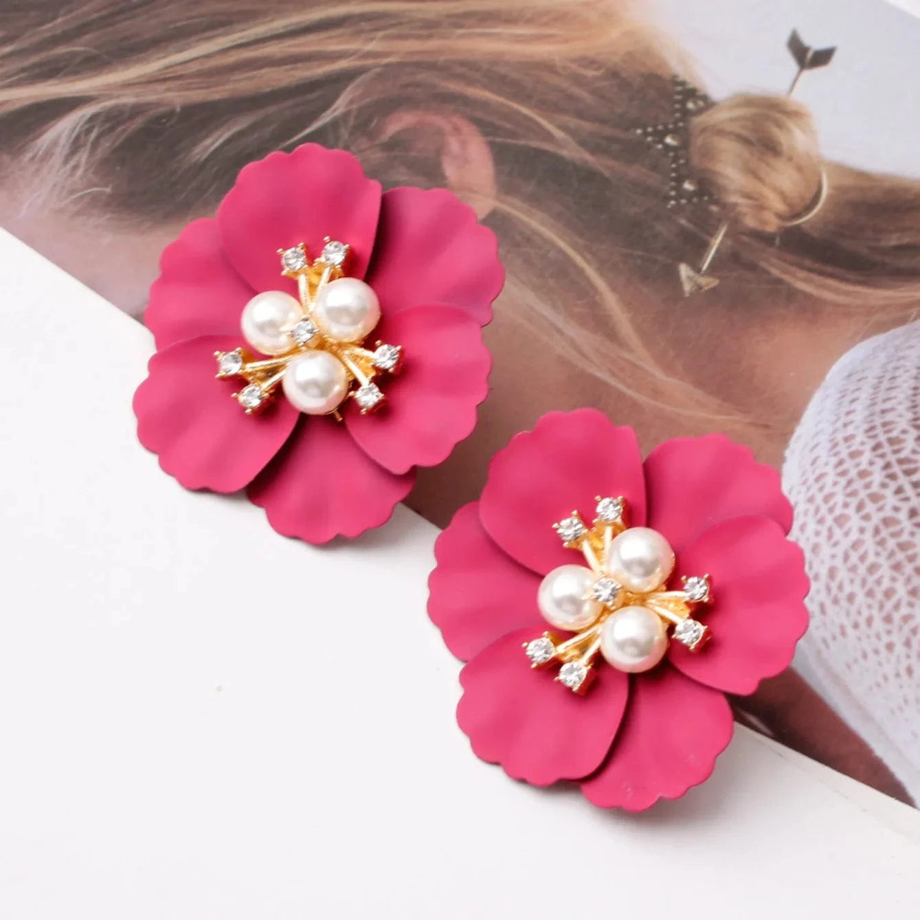 Hawaiian Gold Colorful Fashion Jewelry Earrings Cute Flower Pearl Earrings Red Floral Flower Pearl Drop Earring Stud For Women
