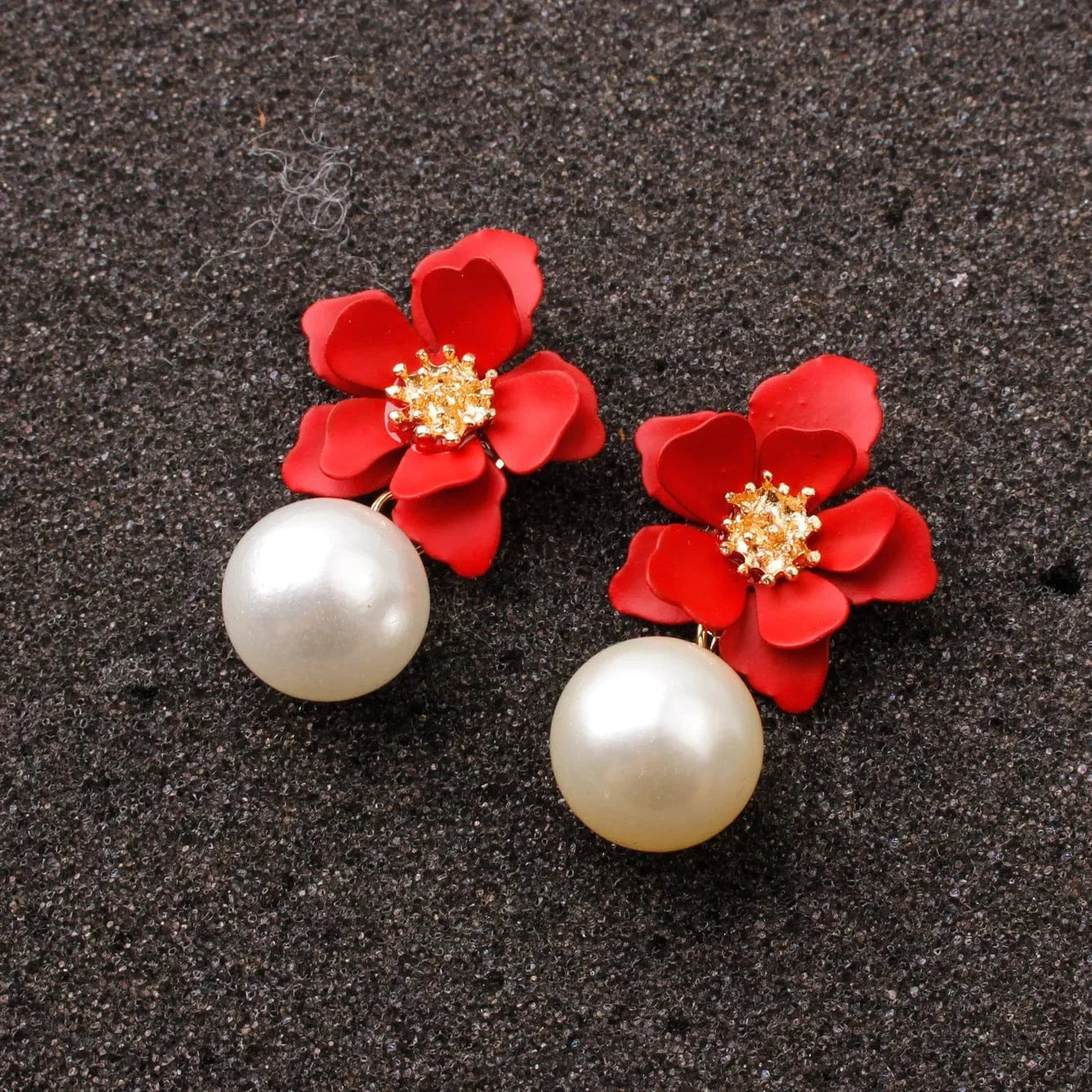 Hawaiian Gold Colorful Fashion Jewelry Earrings Cute Flower Pearl Earrings Red Floral Flower Pearl Drop Earring Stud For Women