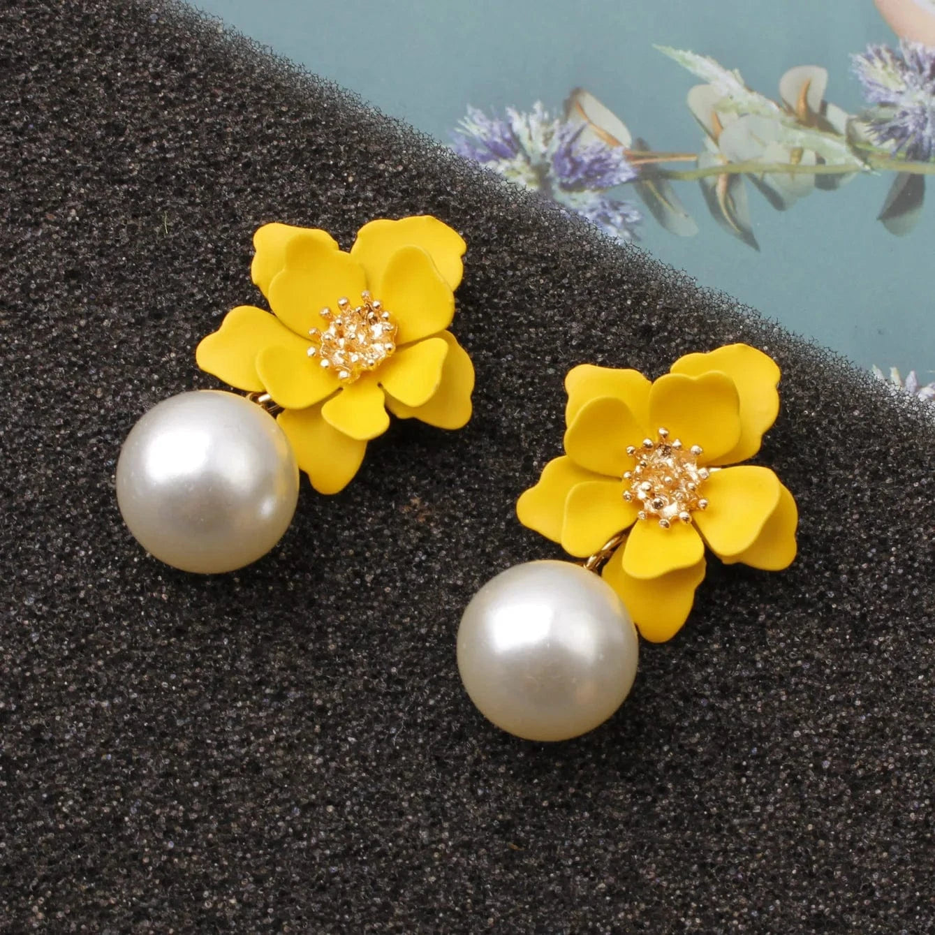 Hawaiian Gold Colorful Fashion Jewelry Earrings Cute Flower Pearl Earrings Red Floral Flower Pearl Drop Earring Stud For Women