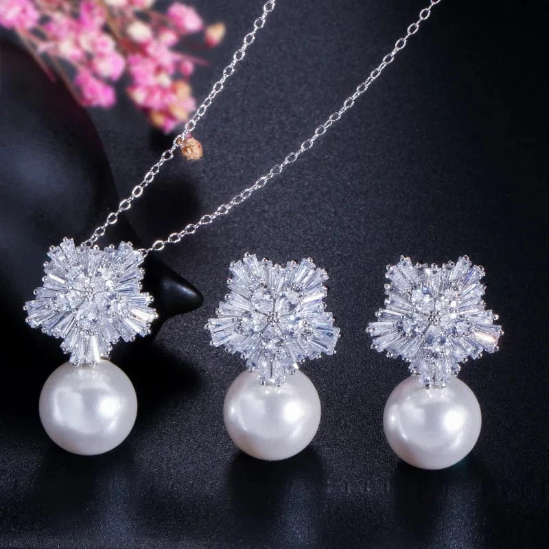 Hawaiian Jewelry Set Cubic Zirconia Flower Big Red Pearl CZ Crystal Pendant Necklace And Earrings For Women Best Friend Gift