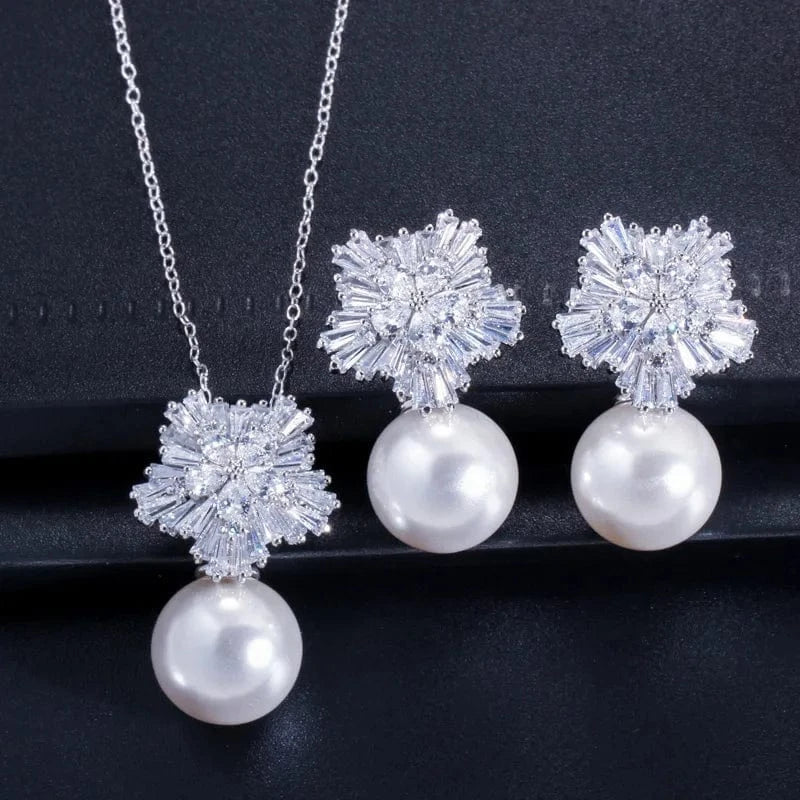 Hawaiian Jewelry Set Cubic Zirconia Flower Big Red Pearl CZ Crystal Pendant Necklace And Earrings For Women Best Friend Gift