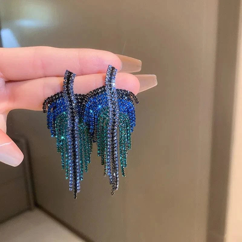 HE10823-1 Full Rhinestone Long Tassel Earrings Women Blue Color Fashion Geometric Drop Earring Statement Accessories Party Gifts