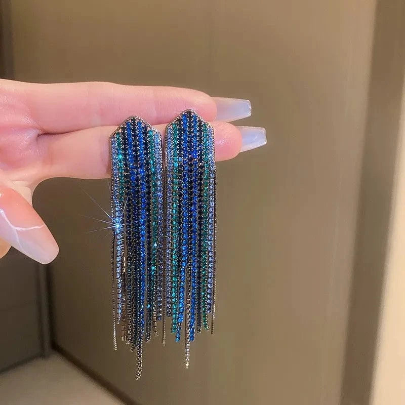 HE10823-1 Full Rhinestone Long Tassel Earrings Women Blue Color Fashion Geometric Drop Earring Statement Accessories Party Gifts