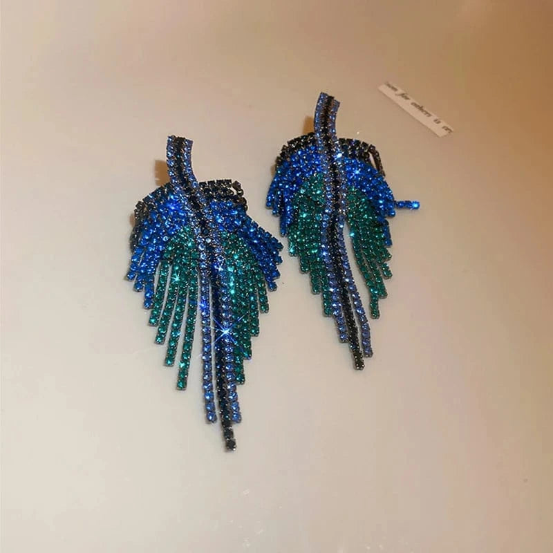 HE10823-1 Full Rhinestone Long Tassel Earrings Women Blue Color Fashion Geometric Drop Earring Statement Accessories Party Gifts
