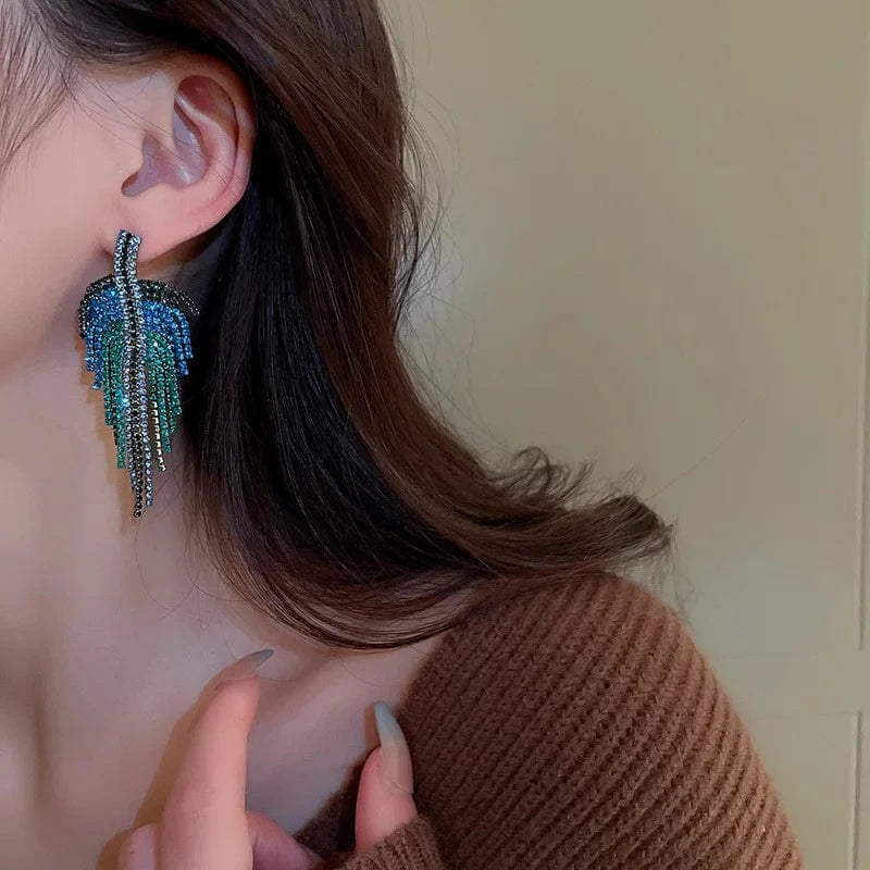 HE10823-1 Full Rhinestone Long Tassel Earrings Women Blue Color Fashion Geometric Drop Earring Statement Accessories Party Gifts