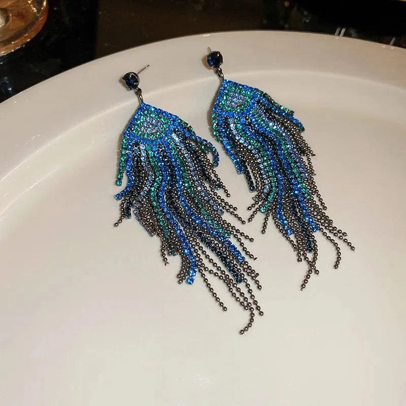 HE10823-1 Full Rhinestone Long Tassel Earrings Women Blue Color Fashion Geometric Drop Earring Statement Accessories Party Gifts