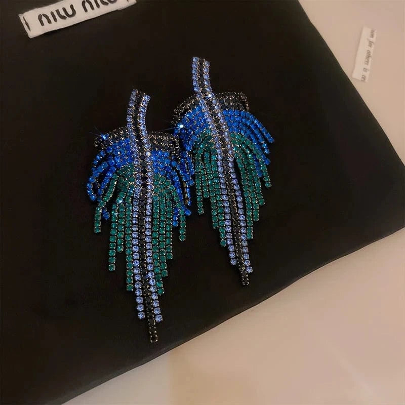 HE10823-1 Full Rhinestone Long Tassel Earrings Women Blue Color Fashion Geometric Drop Earring Statement Accessories Party Gifts