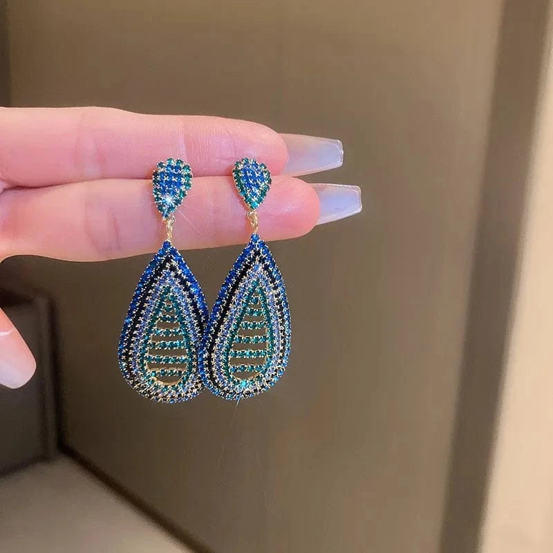 HE10823-1 Full Rhinestone Long Tassel Earrings Women Blue Color Fashion Geometric Drop Earring Statement Accessories Party Gifts