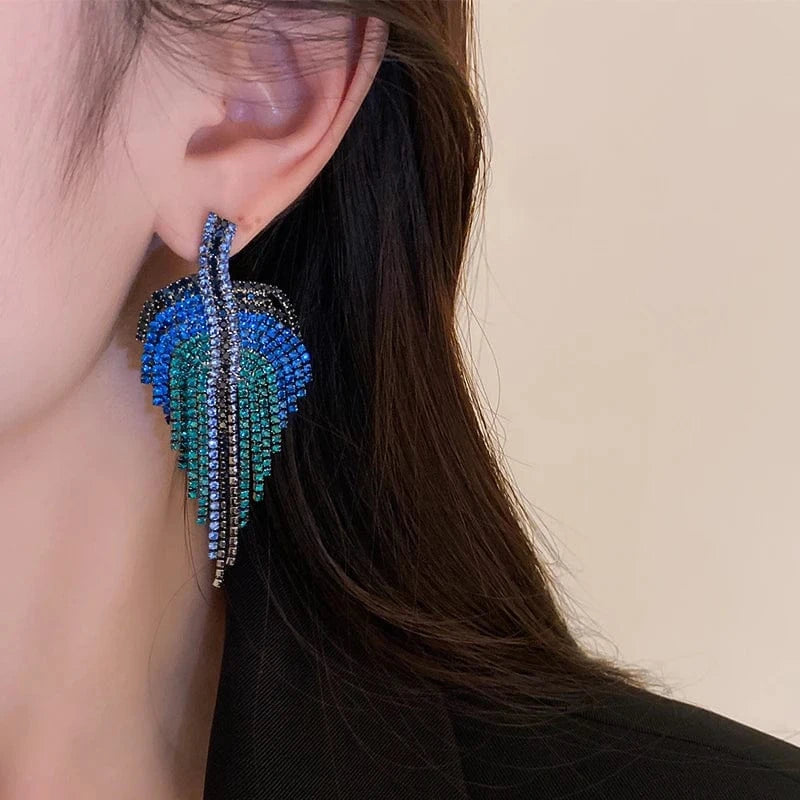 HE10823-1 Full Rhinestone Long Tassel Earrings Women Blue Color Fashion Geometric Drop Earring Statement Accessories Party Gifts