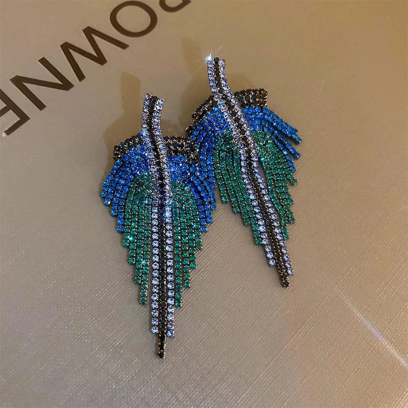 HE10823-1 Full Rhinestone Long Tassel Earrings Women Blue Color Fashion Geometric Drop Earring Statement Accessories Party Gifts