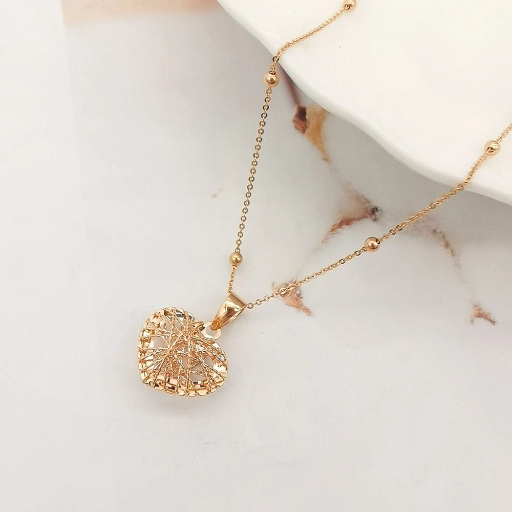 Heart Champagne with bead chain NINE'S 18K Solid Gold Fine Jewelry Star Heart Pendant Necklace Yellow Gold Customized Hollow Lucky Necklace